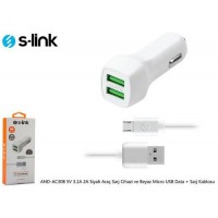 Adapter S-link AND-AC30B White Car Charger+Micro Charger Cable